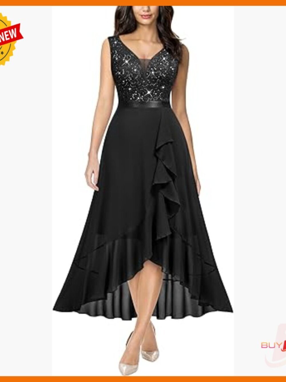 Vintage V-Neck Sleeveless Sequined Floral Lace Ruffle Split Evening Dress